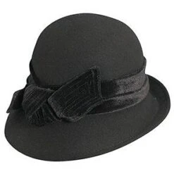 The Kinsey - Scala LF170 Black Wool Felt Cloche Hat W/ Velvet Bow & Adjustable Drawstring
