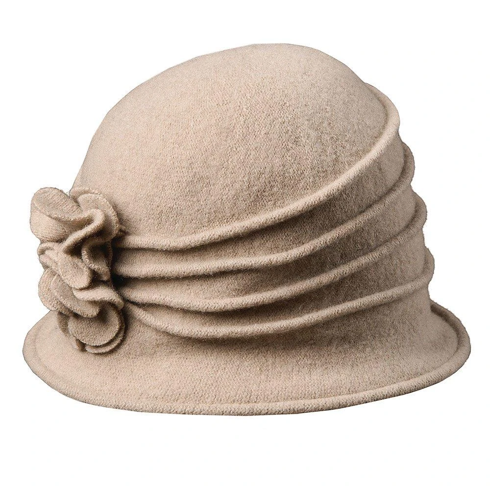 Charlotte - Scala LW497 Taupe Knit Wool Cloche Hat W/ Side Flower 4 Charlotte - Scala LW497 Taupe Knit Wool Cloche Hat W/ Side Flower - Image 4